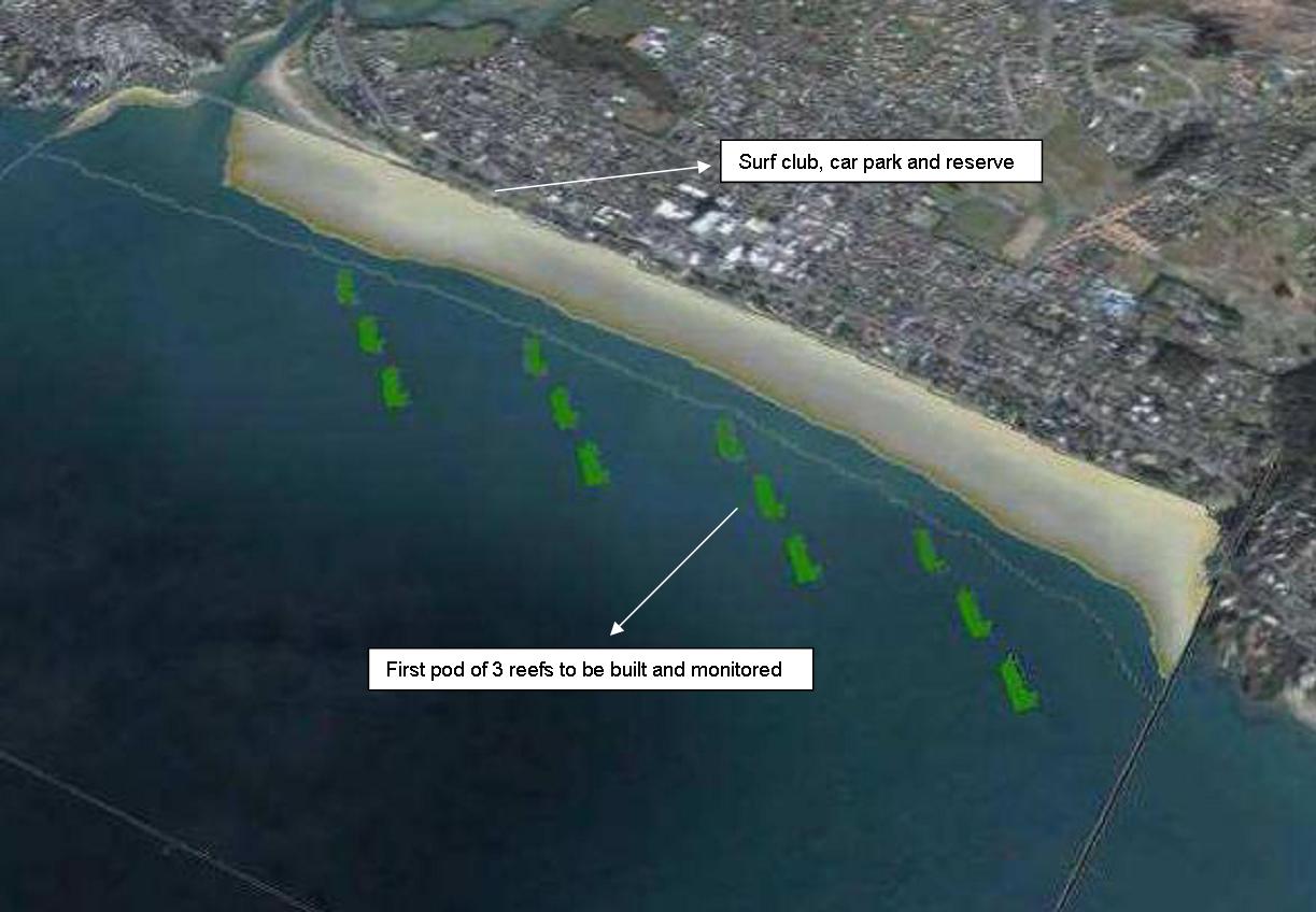 Reef locations in relation to surf club and parking